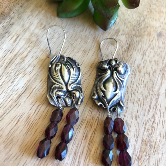Sterling Silver Garnet Art Noureau Boho Earring 💋 - Picture 8 of 10